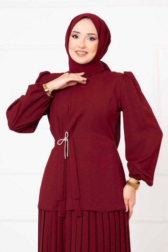 Bow Detailed Skirted Two-Piece Modest Set Burgundy