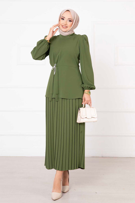 Bow Detailed Skirted Two-Piece Hijab Set Khaki