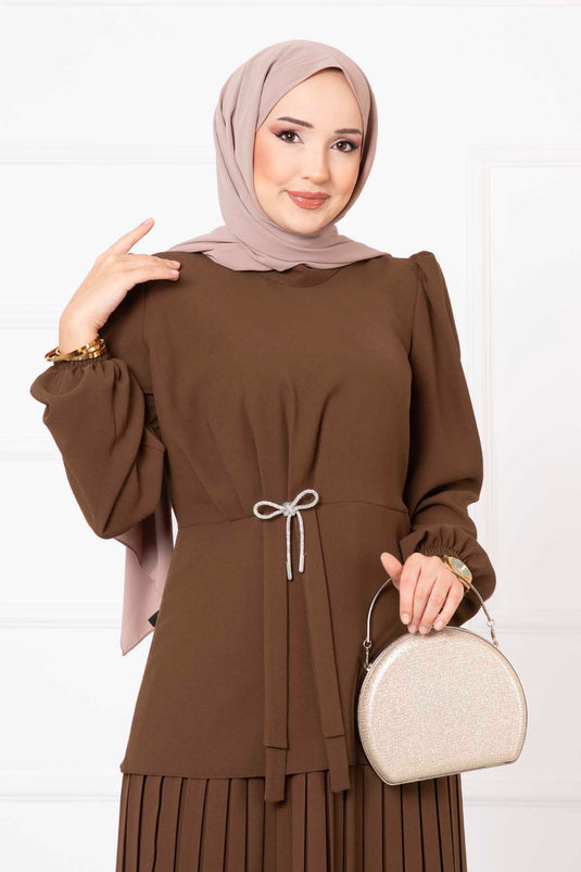 Bow Detailed Skirted Two-Piece Hijab Set Brown