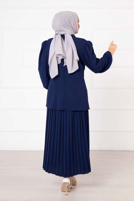 Bow Detailed Skirted Two-Piece Modest Outfit Navy Blue