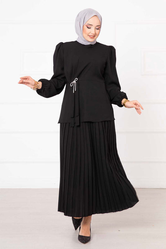 Bow Detailed Skirted Two-Piece Modest Set Black