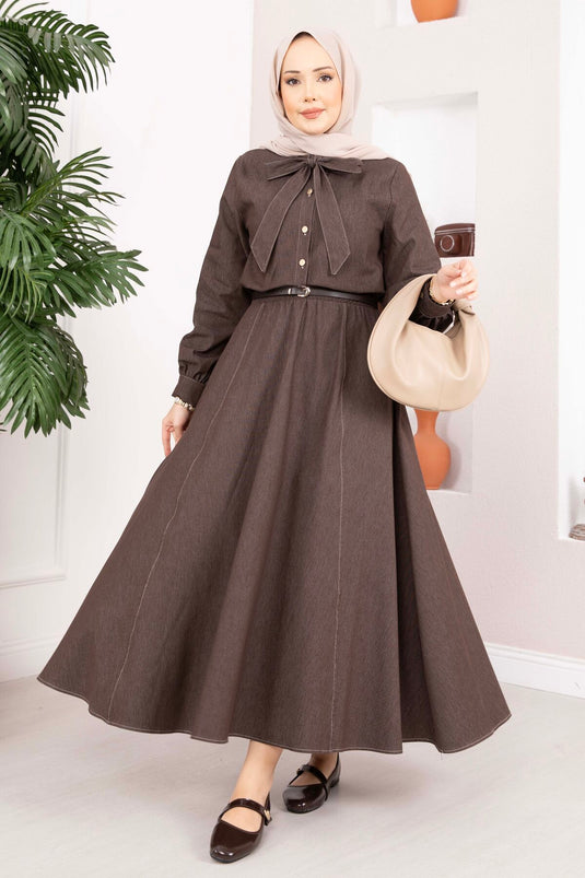 Bow Detail Two-Piece Tencel Denim Set Brown