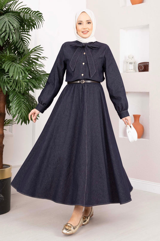 Bow Detail Two-Piece Tencel Denim Set Navy