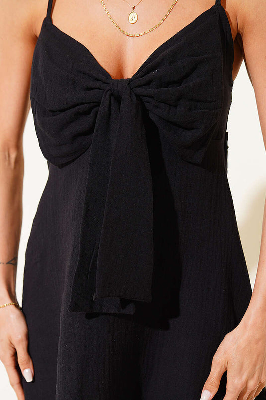 Robe en mousseline noire avec bretelles fines et détail nœud