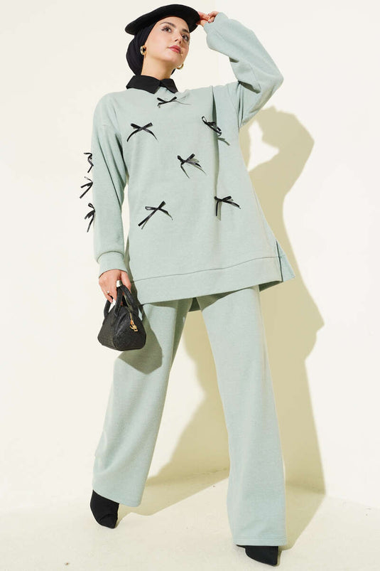 طقم من قطعتين مطبوع عليه فيونكة، أخضر مائي