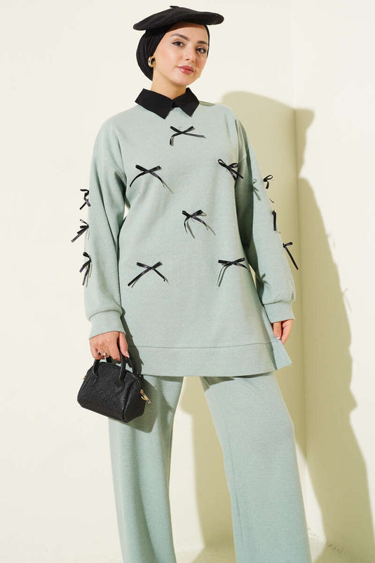 طقم من قطعتين مطبوع عليه فيونكة، أخضر مائي