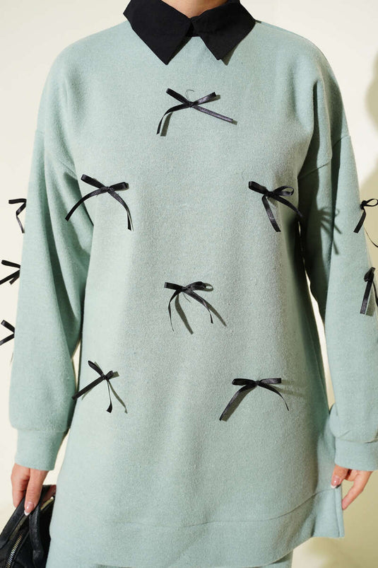 طقم من قطعتين مطبوع عليه فيونكة، أخضر مائي