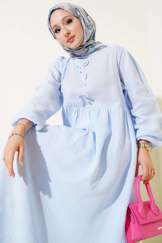 Muslin Dress with Bow Detail, Baby Blue