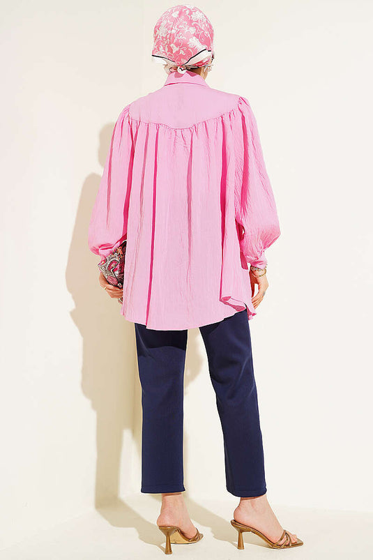 Fiyonk Detaylı Oversize Gömlek Pembe