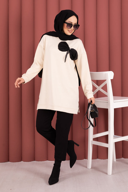 Fiyonk Detaylı Taş İşlemeli Oyşo Tesettür Tunik Bej
