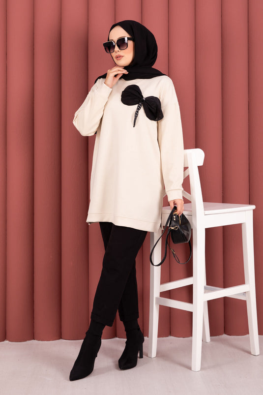Fiyonk Detaylı Taş İşlemeli Oyşo Tesettür Tunik Bej