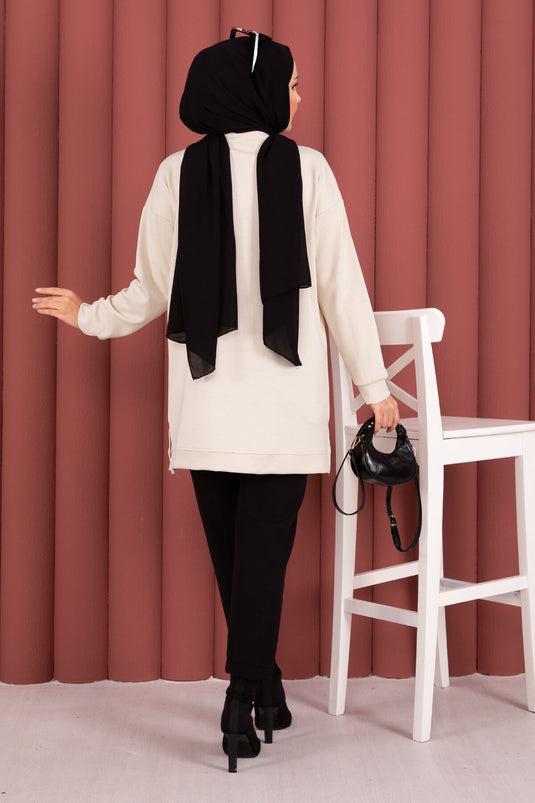 Fiyonk Detaylı Taş İşlemeli Oyşo Tesettür Tunik Bej