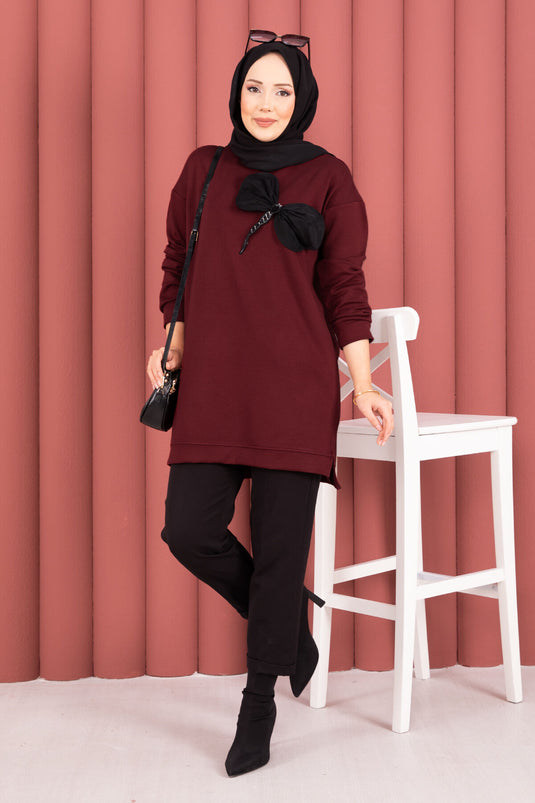 Fiyonk Detaylı Taş İşlemeli Oyşo Tesettür Tunik Bordo