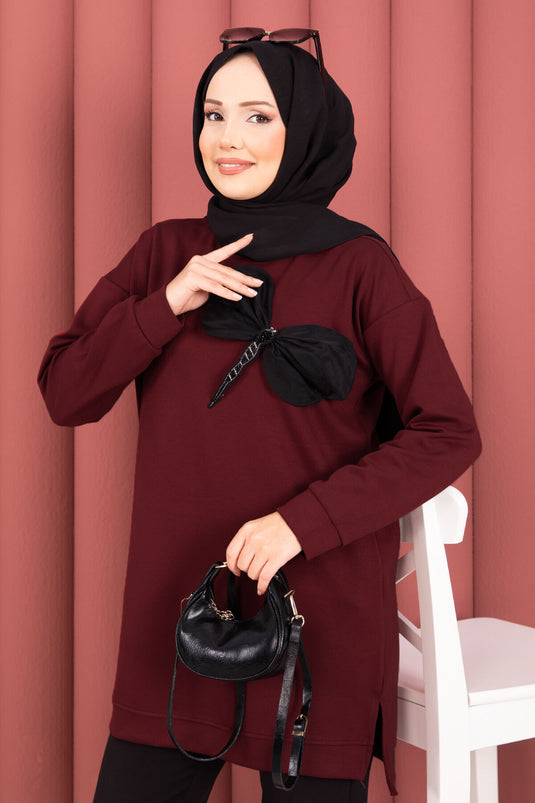 Fiyonk Detaylı Taş İşlemeli Oyşo Tesettür Tunik Bordo