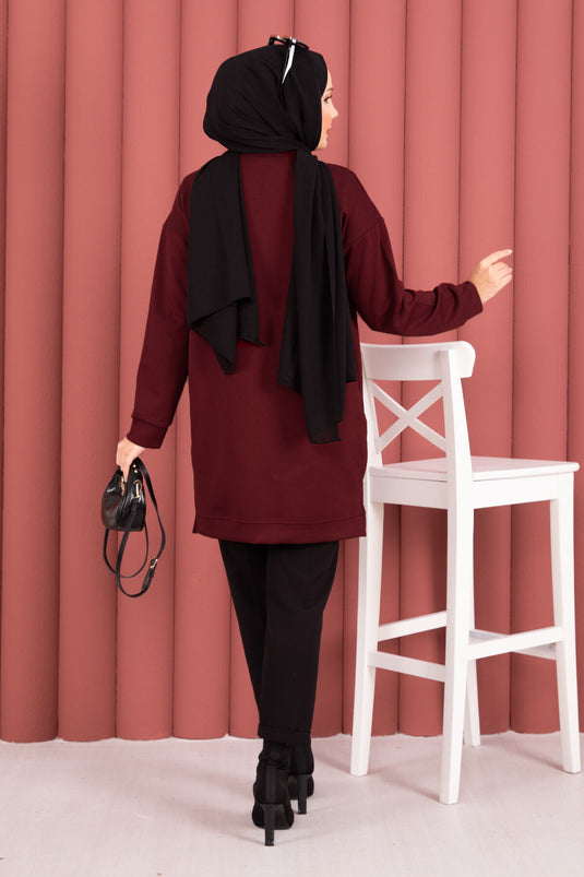 Fiyonk Detaylı Taş İşlemeli Oyşo Tesettür Tunik Bordo