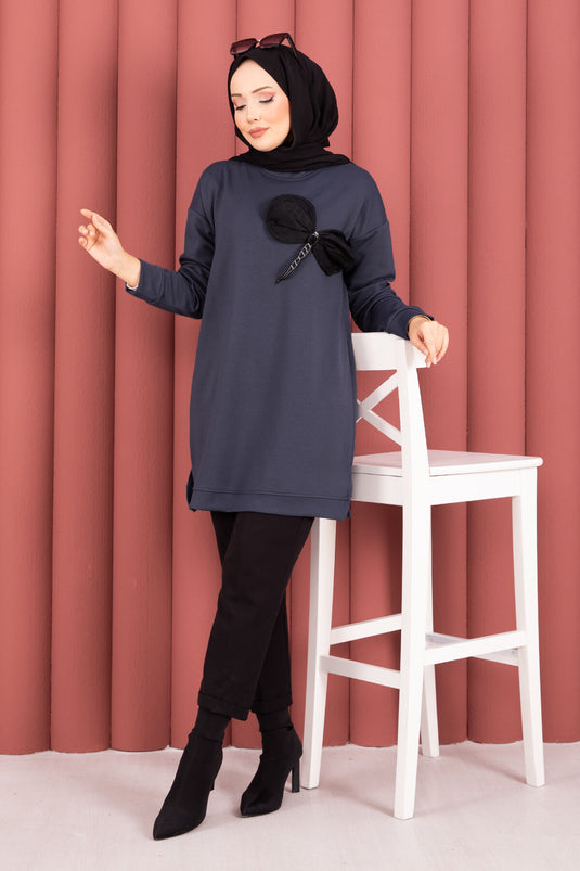 Tunique hijab Oyso ornée de pierres et d'un nœud papillon, couleur fumée