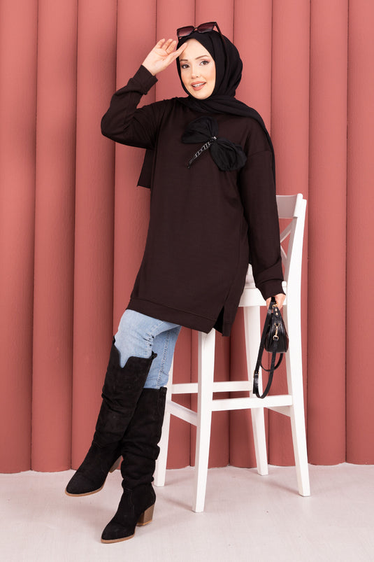 تونيك حجاب أويسو بني مطرز بحجر وتفاصيل فيونكة