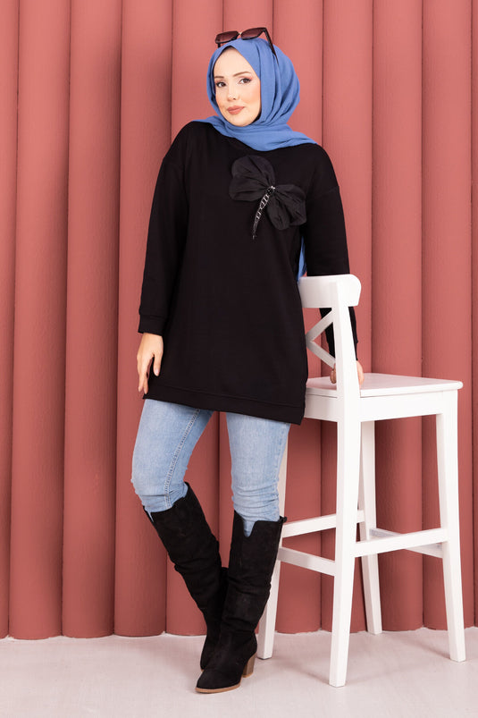 Fiyonk Detaylı Taş İşlemeli Oyşo Tesettür Tunik Siyah