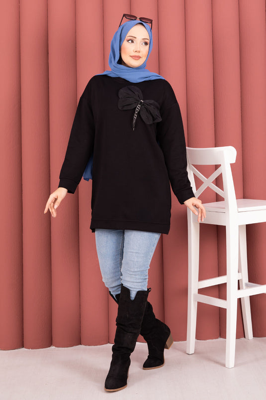 Fiyonk Detaylı Taş İşlemeli Oyşo Tesettür Tunik Siyah