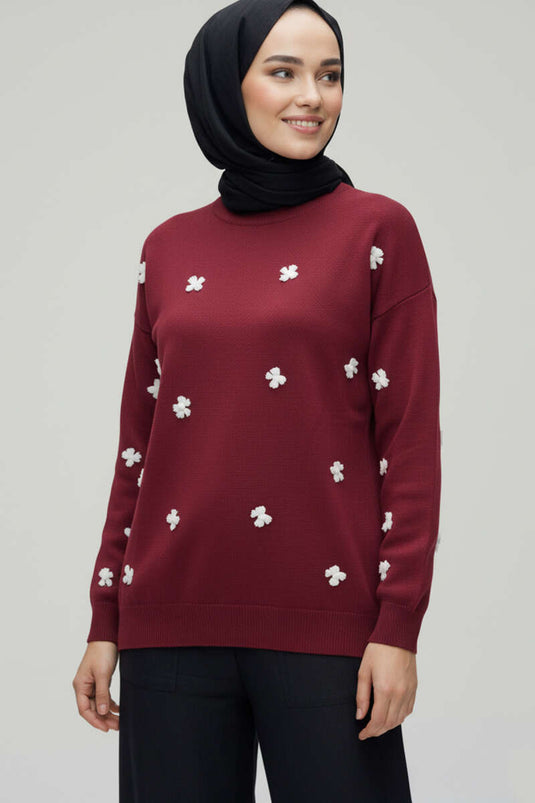 Fiyonk İşlemeli Triko Kazak Bordo