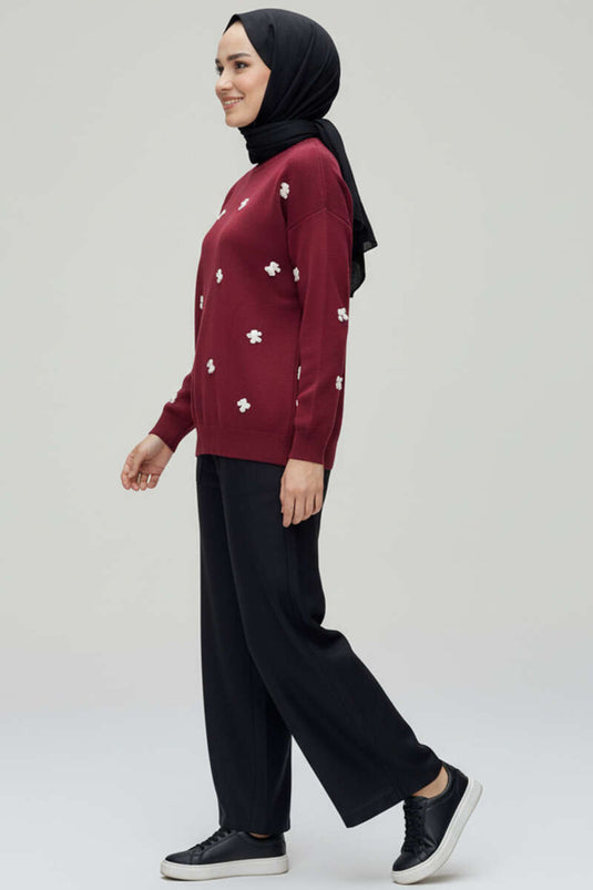 Fiyonk İşlemeli Triko Kazak Bordo