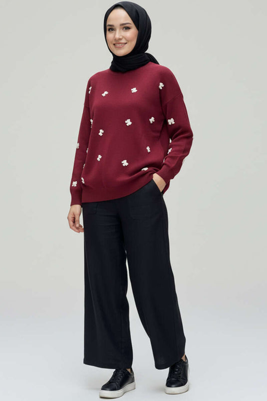 Fiyonk İşlemeli Triko Kazak Bordo