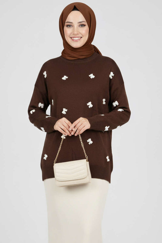 Bow Embroidered Knitwear Sweater Brown