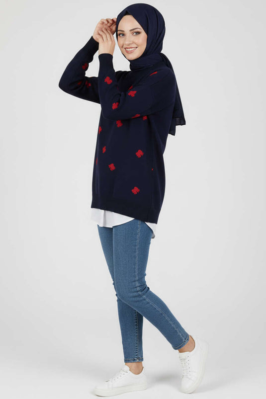 سترة محبوكة مطرزة بفيونكة باللون الأزرق الداكن