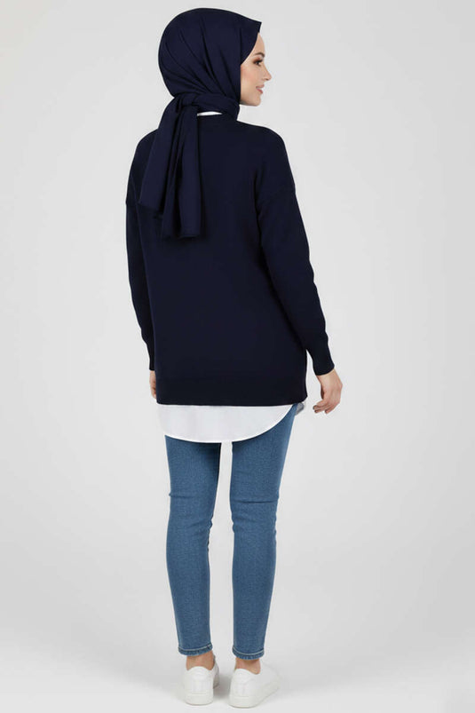 سترة محبوكة مطرزة بفيونكة باللون الأزرق الداكن