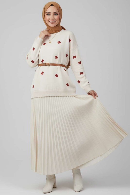 Fiyonk İşlemeli Triko Kazak Taş