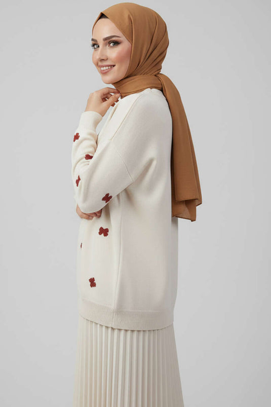 Fiyonk İşlemeli Triko Kazak Taş