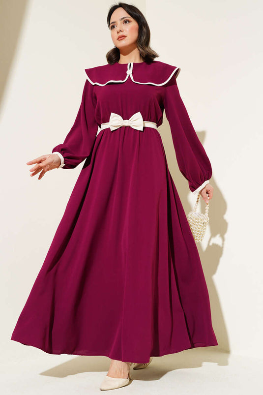 Robe col bébé avec ceinture et nœud Bordeaux