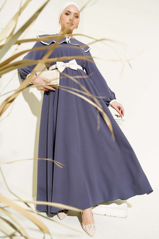 Fiyonk Kuşaklı Bebe Yaka Elbise Füme