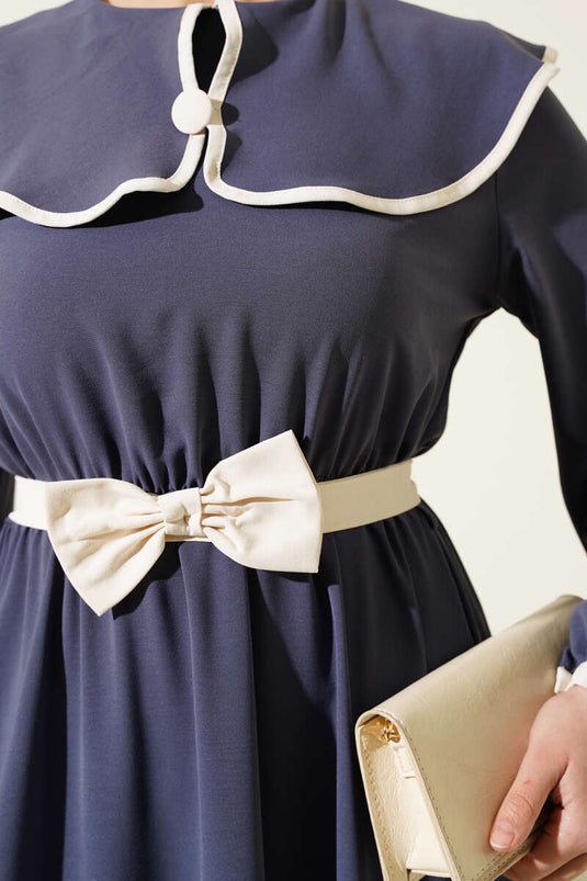 Fiyonk Kuşaklı Bebe Yaka Elbise Füme