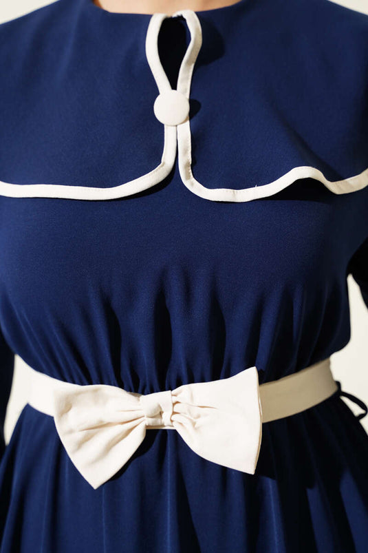 Fiyonk Kuşaklı Bebe Yaka Elbise Lacivert