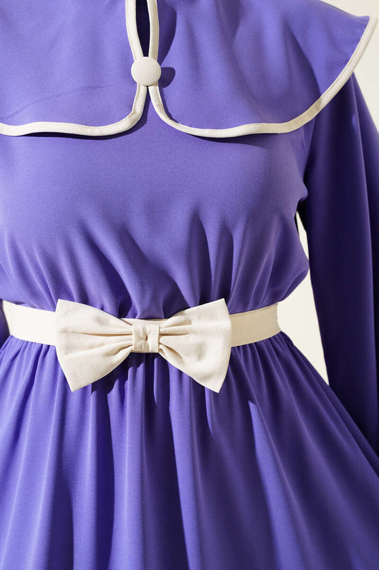 Fiyonk Kuşaklı Bebe Yaka Elbise Lila