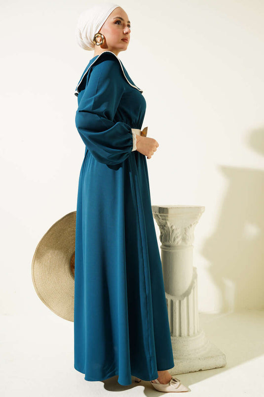 Bow Belted Baby Collar Dress Petrol