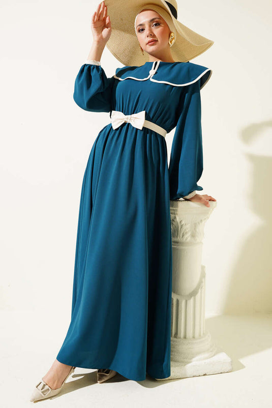 Bow Belted Baby Collar Dress Petrol