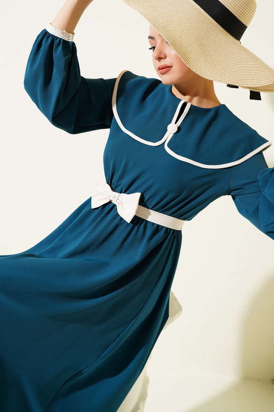 Bow Belted Baby Collar Dress Petrol