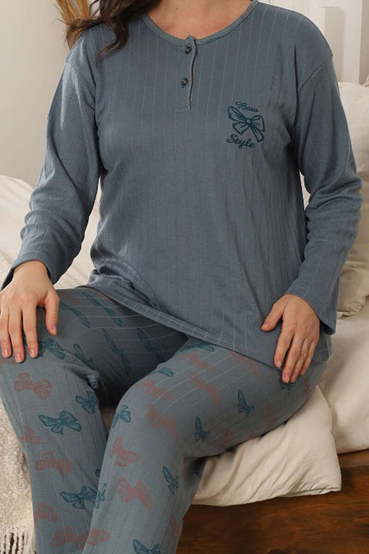 Fiyonk Nakışlı Desenli Pijama Takımı Mint