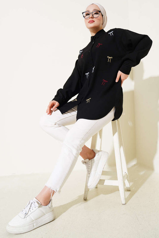 Fiyonk Nakışlı Gömlek Siyah