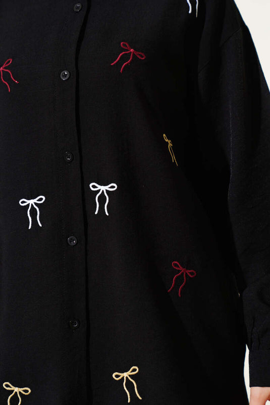 Fiyonk Nakışlı Gömlek Siyah