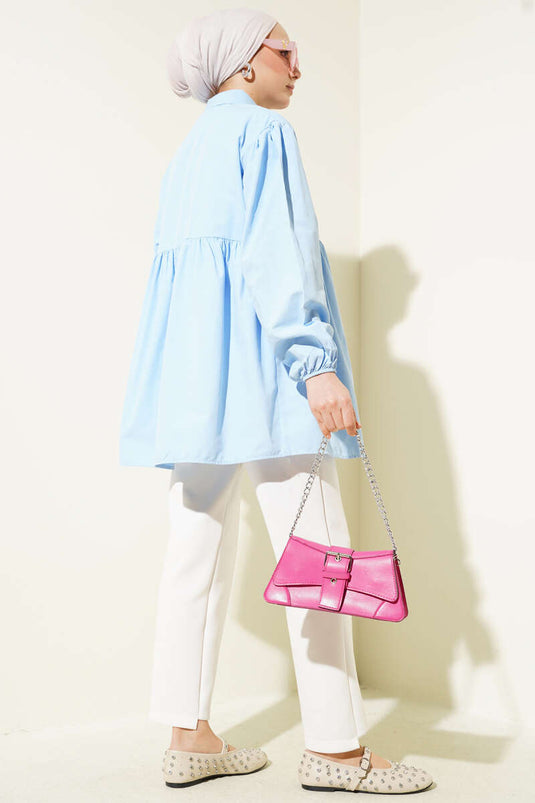 Gerafftes Hemd mit Schleife Blau