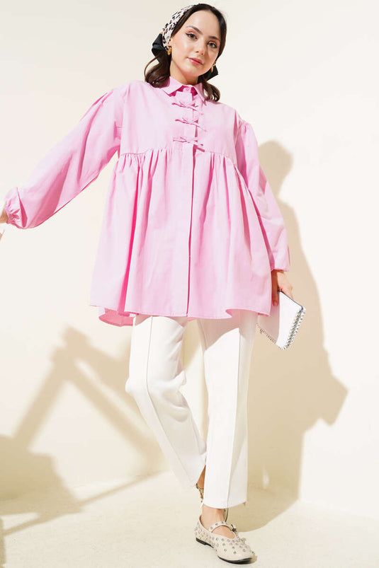 Bow Embellished Pleated Shirt Pink