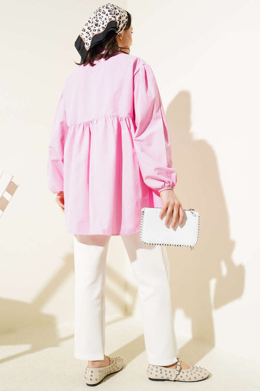 Bow Embellished Pleated Shirt Pink