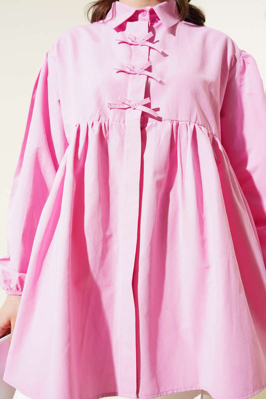 Bow Embellished Pleated Shirt Pink