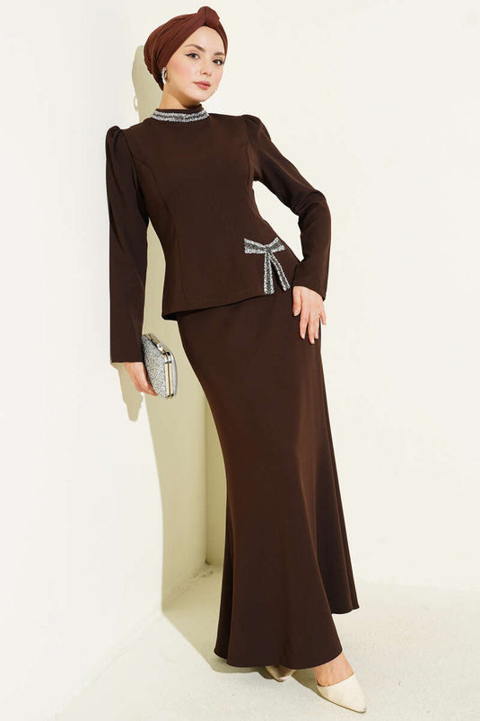 Bow Stone Embellished Skirt Two-Piece Set Brown