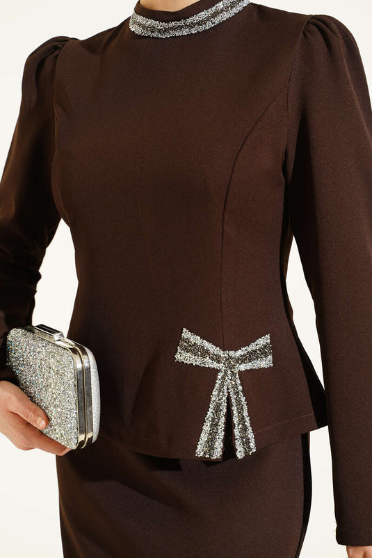 Bow Stone Embellished Skirt Two-Piece Set Brown