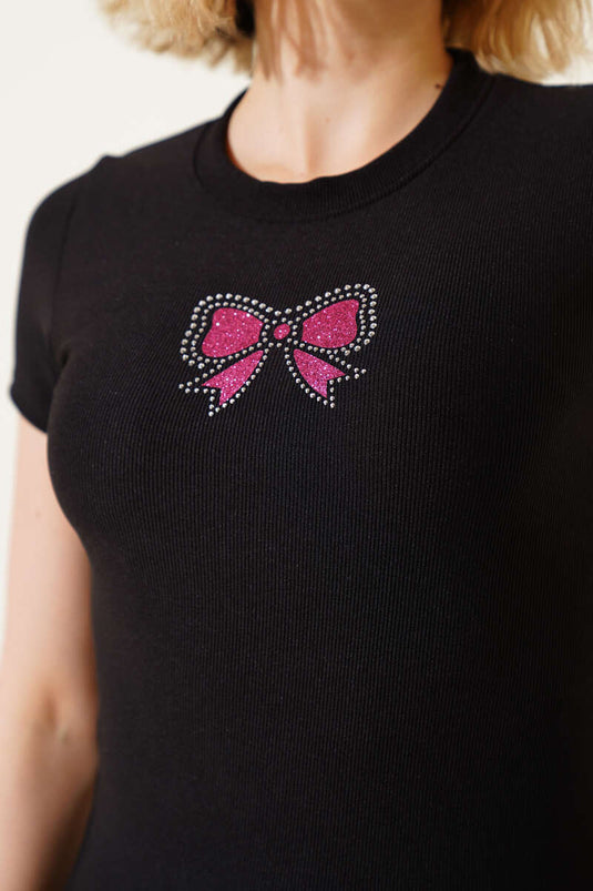 Bow Stone Ribbed Blouse Black