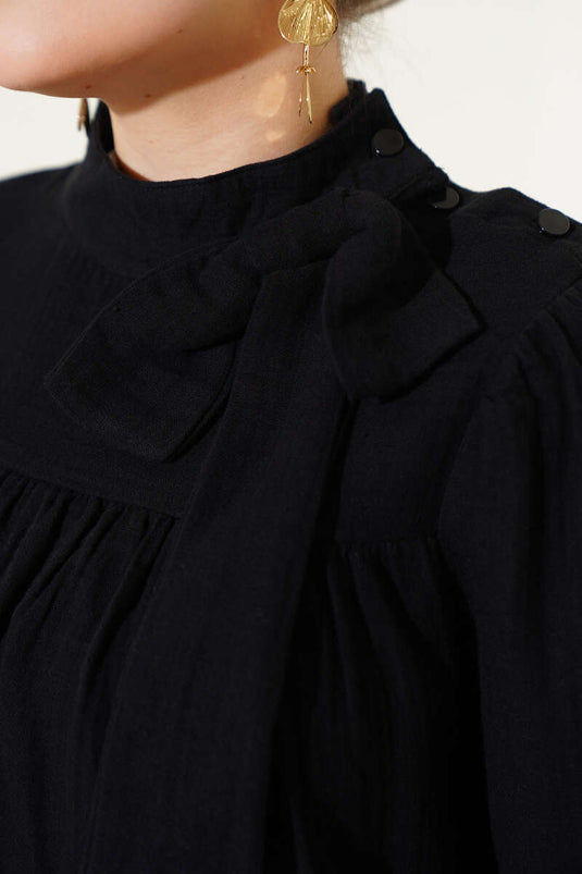 Bow Collar Muslin Tunic Black